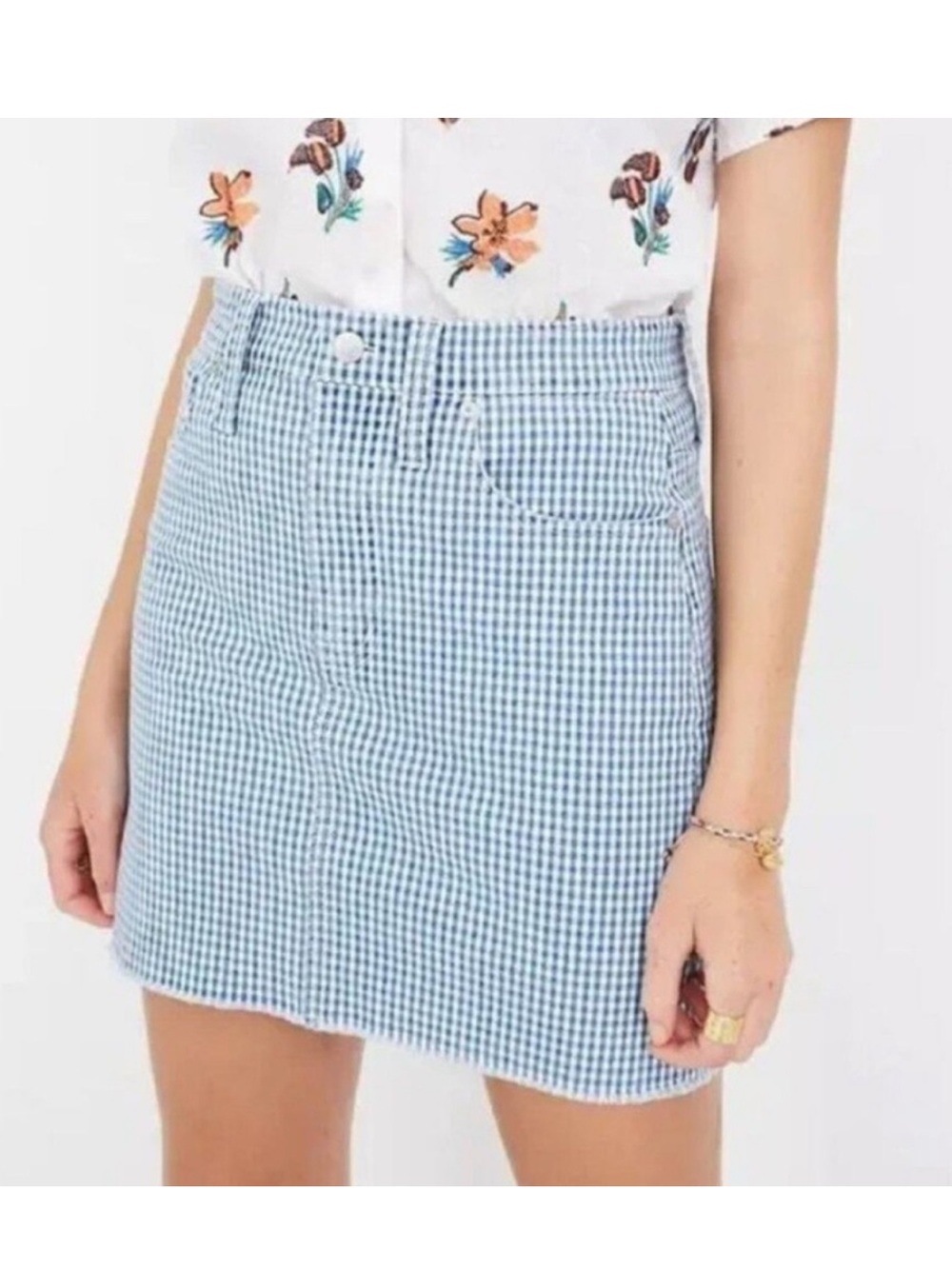 MadeWell Stretch Straight Mini Skirt in Gingham: Raw-Hemmed Edition NWT 26